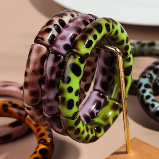 Vintage Acrylic Colorful Leopard Print Chunky Bamboo Stretch Bracelet for Women Elastic Tube Braceletes 2024 Fashion Jewelry