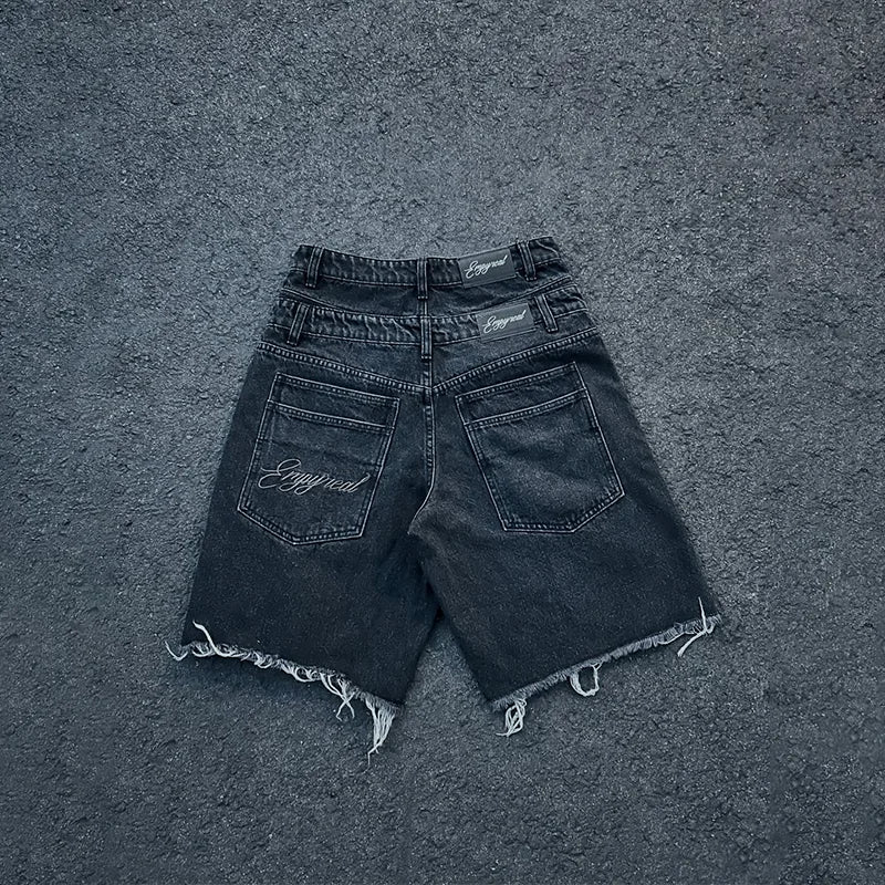 Y2K Retro Washed Shorts Distressed Embroidery Letters High Waist Design Denim Shorts Fashion Men Women Hip Hop Casual Streetwear