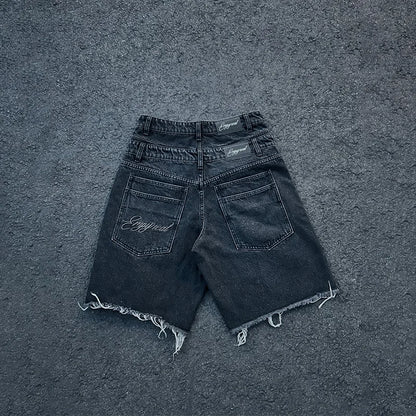 Y2K Retro Washed Shorts Distressed Embroidery Letters High Waist Design Denim Shorts Fashion Men Women Hip Hop Casual Streetwear
