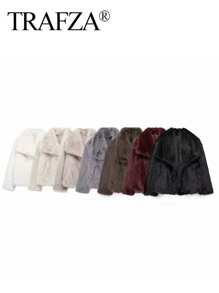 TRAFZA Female Vintage Artificial Fur Effect Coats Lapel Warm Plush Long Sleeves Hidden Buttons Autumn Winter Casual Outerwear