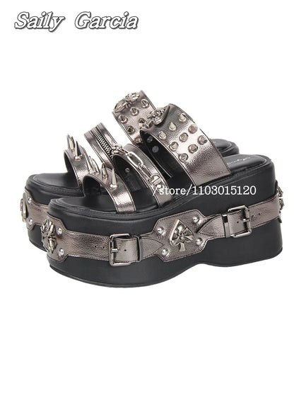 Punk Style Metal Rivet Thick Sole 10CM Heel Slippers Open Toe Size 34-47 Original Customization Y2K Slides Silver Hollow Sandals