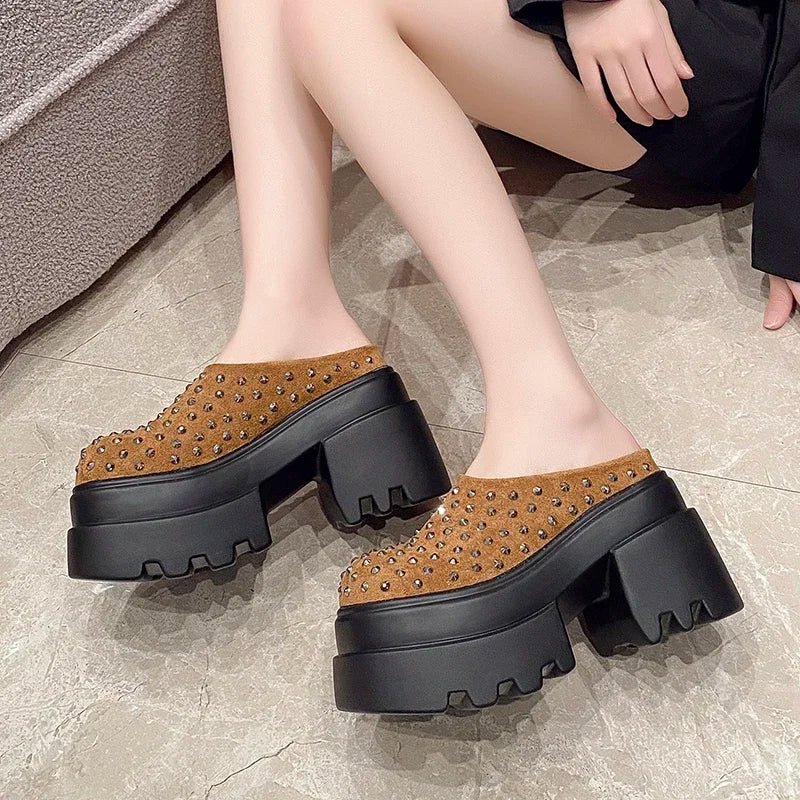 10CM New Rivet Platform Women Slippers Fashion Chunky High Heeled Sandals Comfort Roma Style Round Toe Slide Mule Shoes Summer
