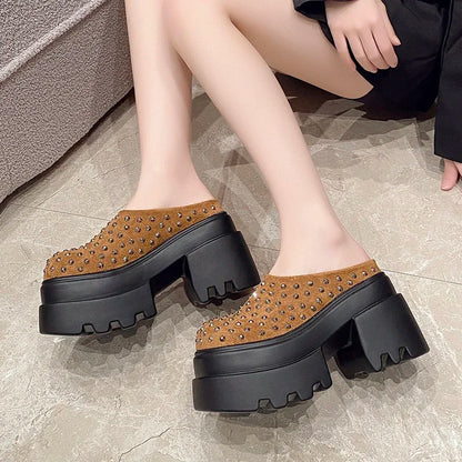 10CM New Rivet Platform Women Slippers Fashion Chunky High Heeled Sandals Comfort Roma Style Round Toe Slide Mule Shoes Summer