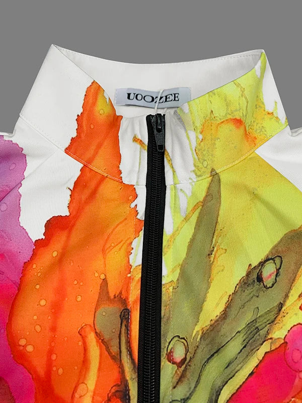 UOOZEE 2024 New Spring Women Stand Collar Jackets Fashion Elegant Floral Printed Puff Sleeves Loose Fit Casual Outerwears