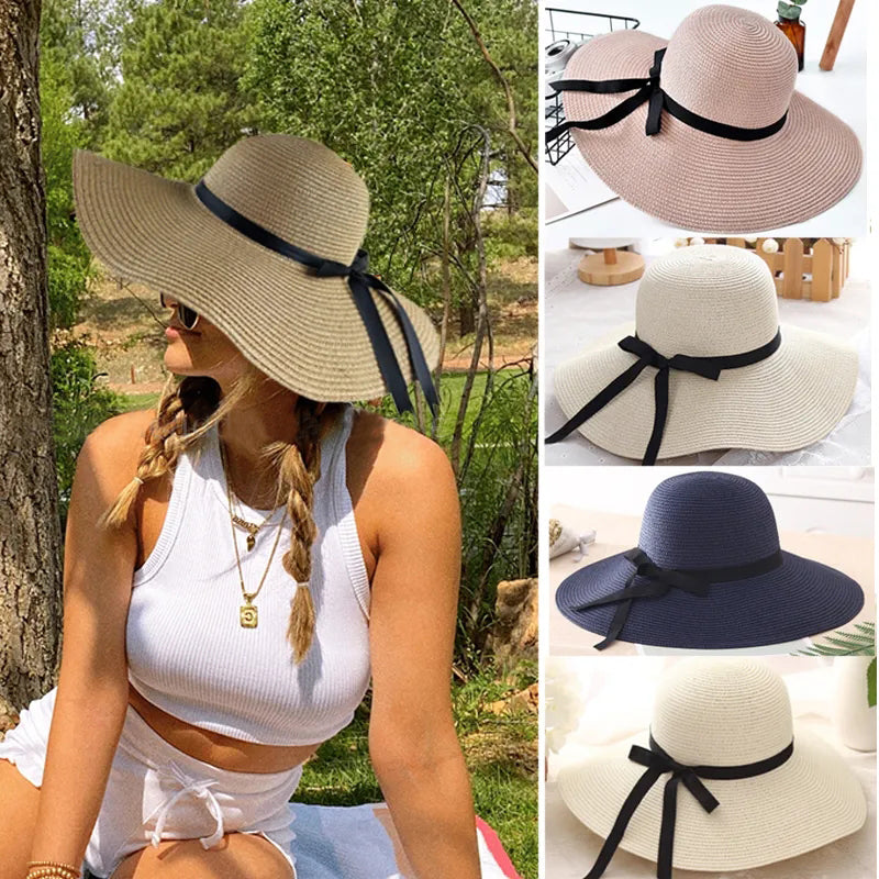 Summer Simple Floppy Sun Hat Women Wide Brim Beach Hat Girls Seaside Travel Foldable Straw Hat Sunscreen UV Protection Lady Cap