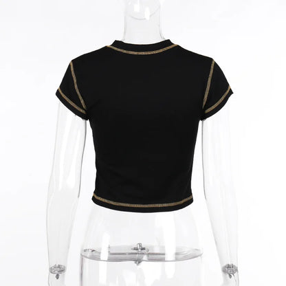 Hollow Out Crop Top Women O-Neck Aesthetic Clothes Letter Printed Y2k Accessories Short Sleeve Roupas Femininas Estilosas Summer