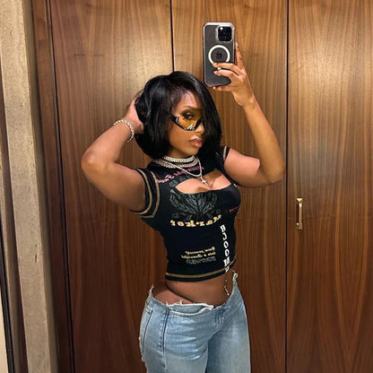Hollow Out Crop Top Women O-Neck Aesthetic Clothes Letter Printed Y2k Accessories Short Sleeve Roupas Femininas Estilosas Summer