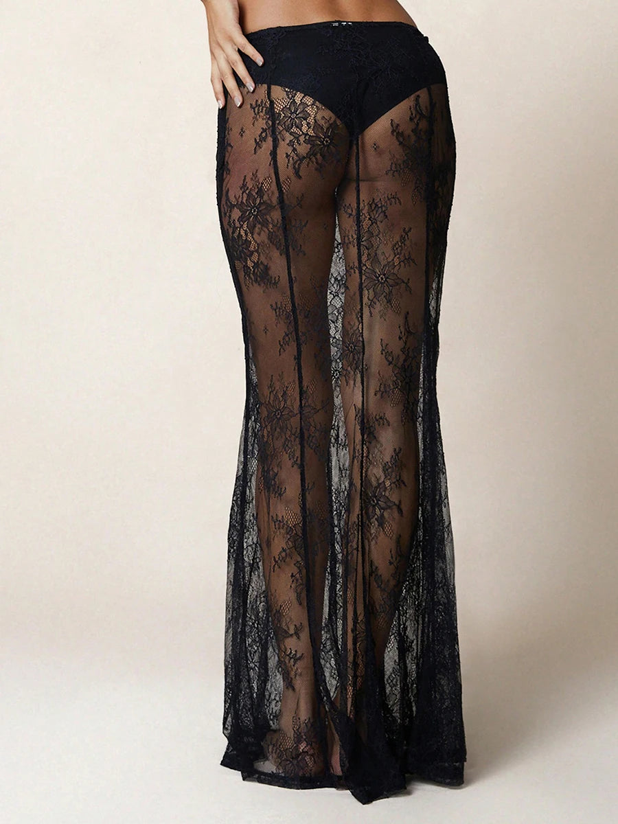 Women's Summer Sheer Lace Skirt Trendy Long Cocktail Skirt for Bar, Beach, Party