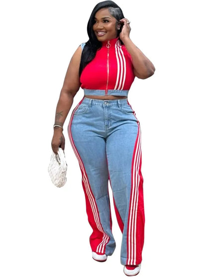 2 Pieces Women's Sets 2025 Spring Summer Denim Sleeveless Suit Tops And Wide Leg Pants Suits Two Piece Set Tracksuit Outfit