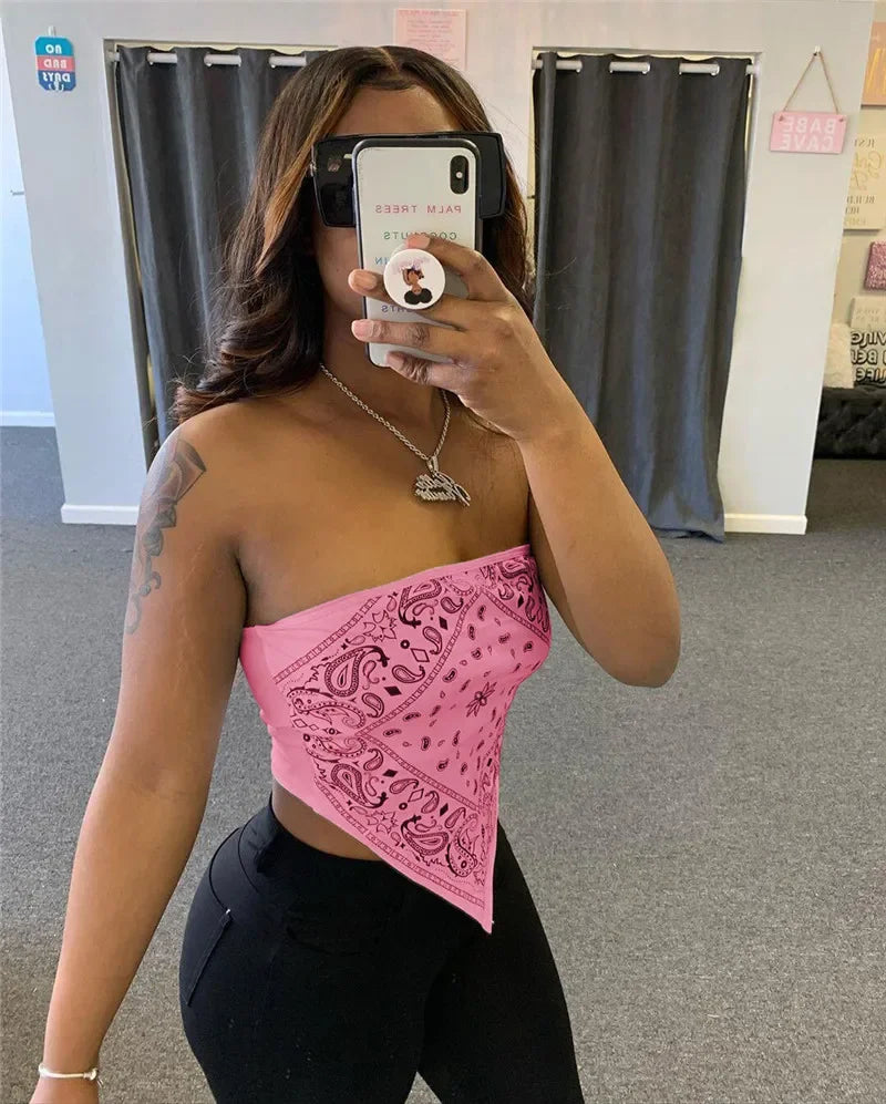 ANJAMANOR Cute Sexy Graphic Bandana Crop Top Women Clothing 2023 Summer Women Off Shoulder Backless Tank Tops D13-AI10