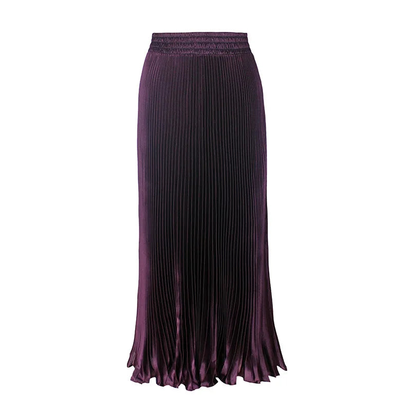Women's Fashion Pleated Mermaid Long Skirt Korean Style Casual High Waist Satin Flowy Skirts Shiny 19 Colors 2024 Spring SK500