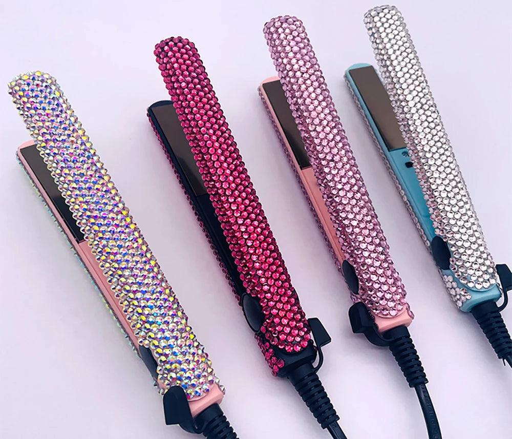 Mini Hair Straightener and Curler With Diamonds 2 in 1 Portable Mini Bangs Flat Iron Tourmaline Plate Flat Iron For Short Hair