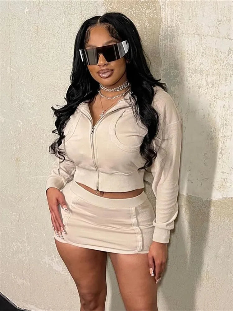 HLJ Spring New Casual 2 Piece Sets Woman Outfit Solid Zip Drawstring Crop Jacket and Bodycon Skirts Female Streetwear Clothing