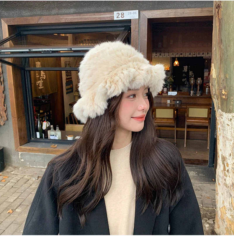 New Real Rabbit Fur Fisherman's Hat For Women Winter Warm Rabbit Fur Caps Soft Natural Rabbit Fur Hats Female Fashion Fur Cap