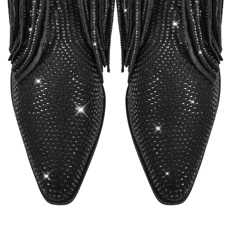 Onlymaker Women Sliver Rhinestone Fringe Knee High Western Boots Big Size Block Heel Pull-On Cowgirl Boots