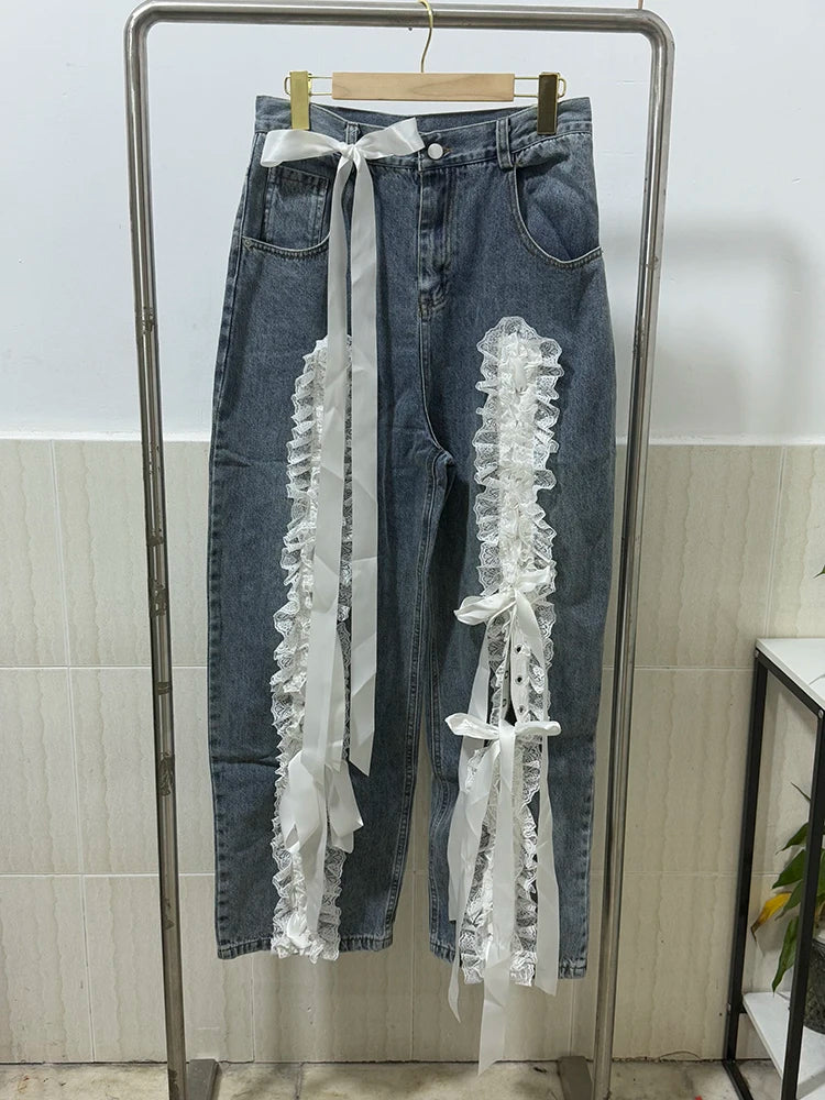 DEAT Women's Fashion Retro Lace Patchwork Denim Long Pants High Waist Wide Leg Jeans Female 2024 Arrival Winter New 11A02128