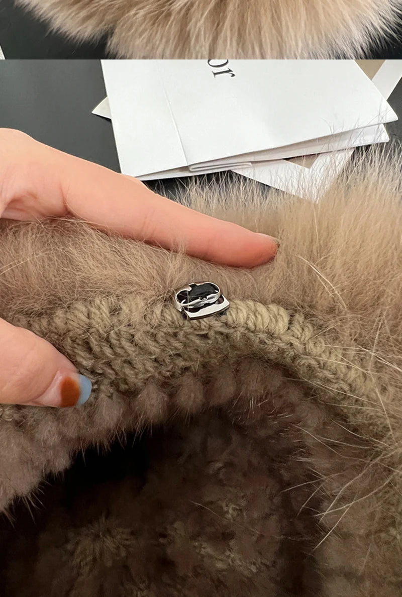 New Genuine Real Natural Knitted Mink Fur Hat Cap Luxury Women Handmade Knit Fashion Winter Headwear Warm Real Fox Fur Beanies