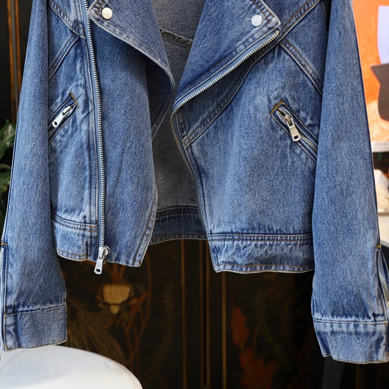 Fitaylor Spring Autumn Women Denim Jacket Casual Lady Moto Biker Coat Vintage Lapel Zipper Jacket