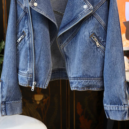 Fitaylor Spring Autumn Women Denim Jacket Casual Lady Moto Biker Coat Vintage Lapel Zipper Jacket