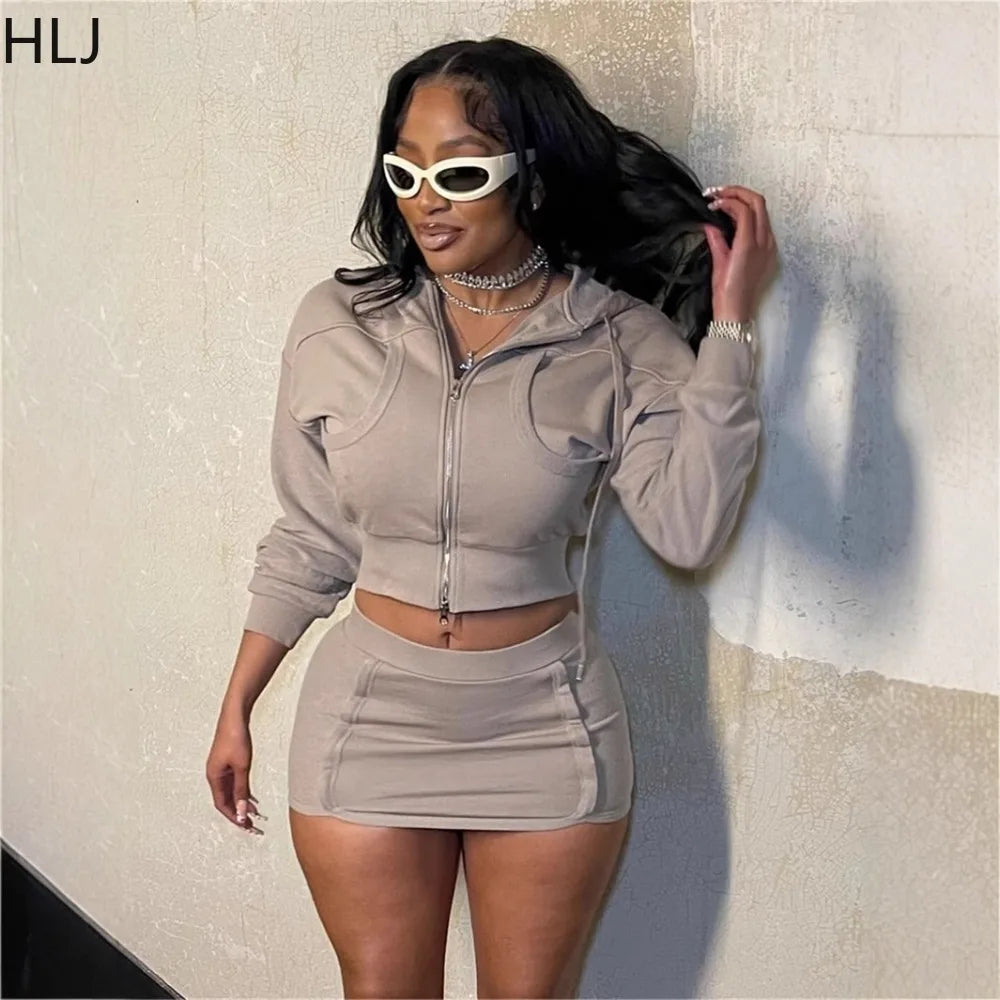 HLJ Spring New Casual 2 Piece Sets Woman Outfit Solid Zip Drawstring Crop Jacket and Bodycon Skirts Female Streetwear Clothing