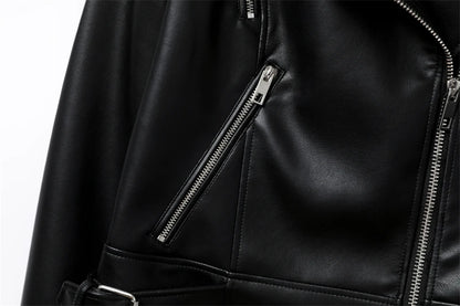RARF 2024 Women's Spring Black faux-leather jacket Casual zipper and belt Cycling jacket Casual jacket jacket