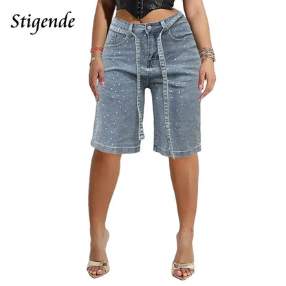 Stigende Women Sexy Rhinestone Denim Shorts with Belt Wide Leg Sequin Short Jeans