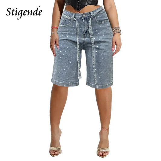 Stigende Women Sexy Rhinestone Denim Shorts with Belt Wide Leg Sequin Short Jeans