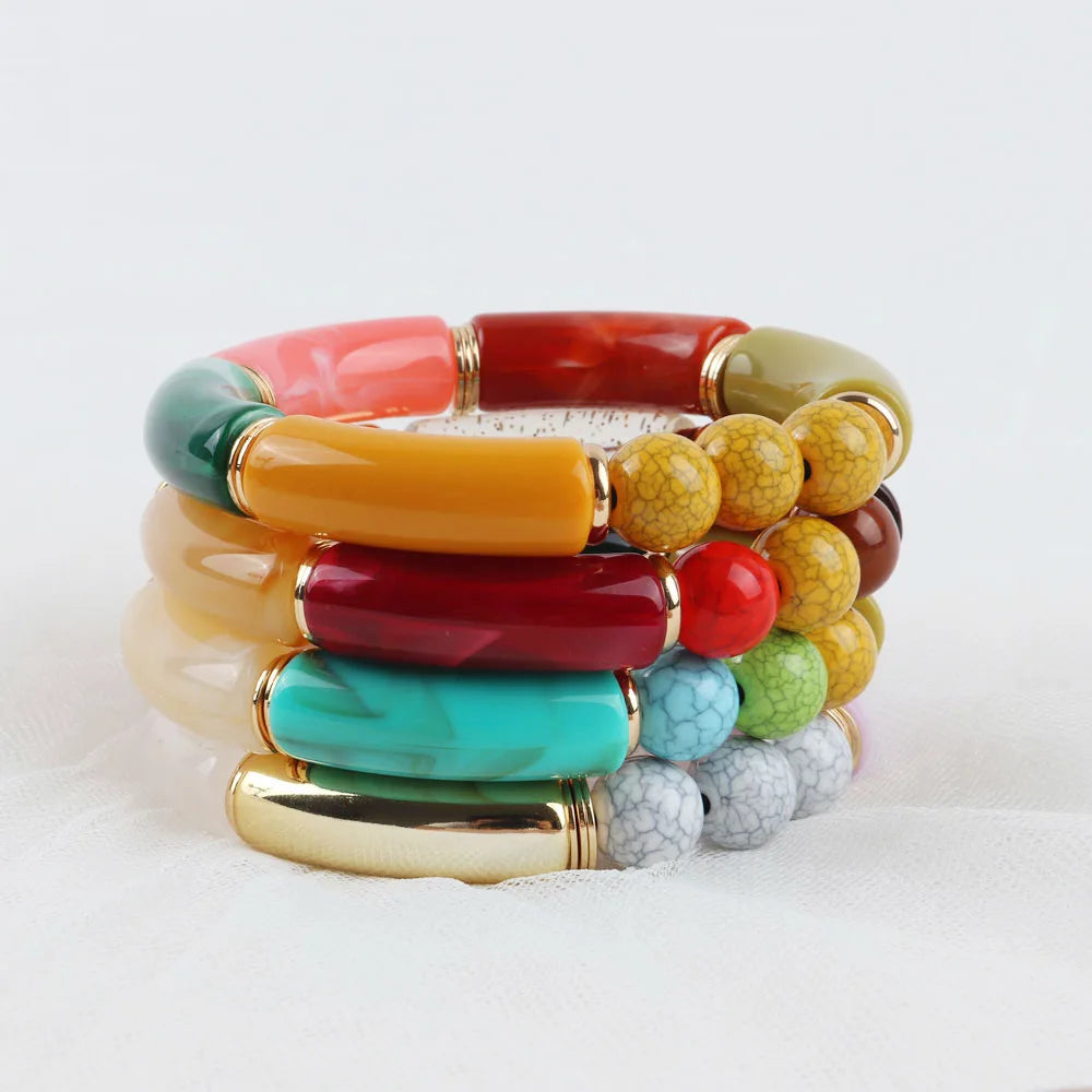 FishSheep Trendy Acrylic Stacked Bamboo Beads Bangles Bracelets for Women Bohemian Resin Elastic Beaded Bracelets Set Jewelry