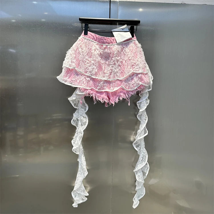 Ruffle Leaf Edge Irregular Curtain Skirt Sweet A Line Skirt Lace Splicing Denim Shorts Street Hipster Denim Shorts Women