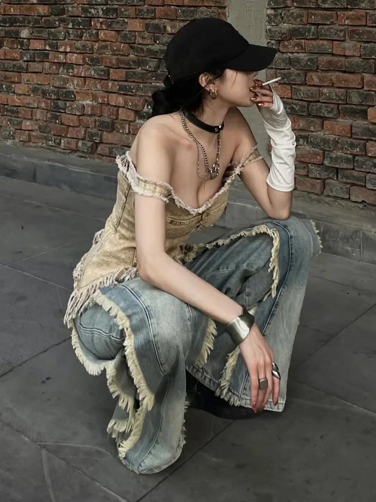 Vintage Women Washed Y2K Baggy Japanese 2000s Denim Trouser Casual Tassels Pants Female Street Trashy Retro High Waist Jeans