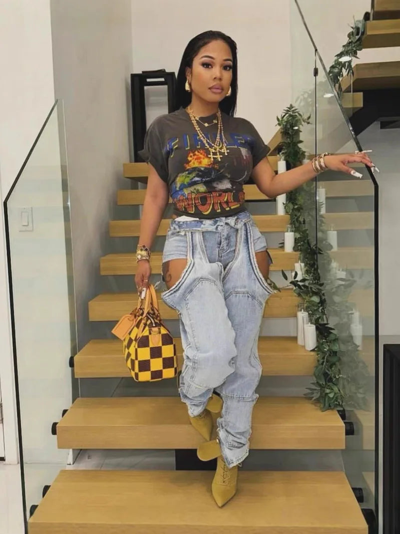 FAGADOER Hollow Out Sexy Denim Pants Women Irregular High Waist Cargo Patchwork Elasticity Jeans Hot Girl Y2k Streetwear Bottoms