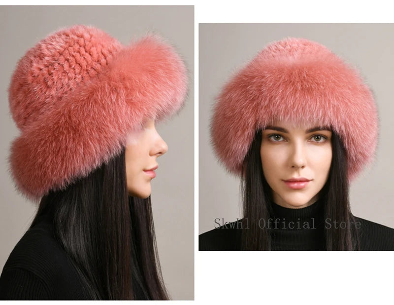 New Genuine Real Natural Knitted Mink Fur Hat Cap Luxury Women Handmade Knit Fashion Winter Headwear Warm Real Fox Fur Beanies