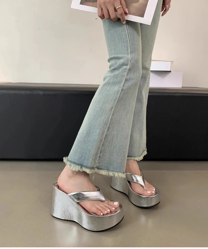 Design Summer Chunky Woman Slippers Fashion Platform Wedges High Heel Silvery Ladies Shoes Zapatillas De Mujer