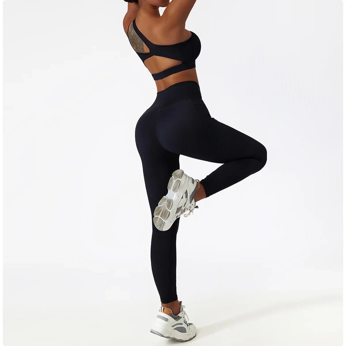 Custom LOGO High Quality One Shoulder Bra Top Pants Sports Set Environmental Friendly Women's Sportswear High Waist Sportswear