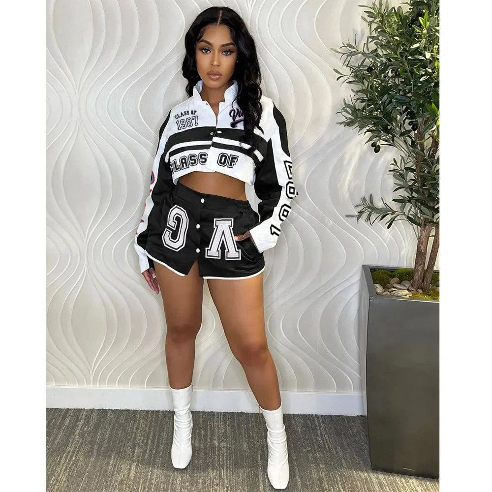 HLJ Letter Print Two Piece Outfits 2023 Autumn Winter Casual Sporty Baseball Coat Skirts Suits Detachable Buttons Y2k Streetwear