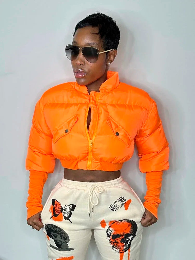 Sexy Y2K Cropped Puffer Jackets Women 2025 Winter Clothes Stand Collar Long Sleeve Warm Bubble Quilted Coat Female Outerwears