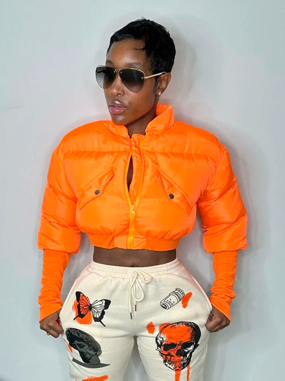Sexy Y2K Cropped Puffer Jackets Women 2025 Winter Clothes Stand Collar Long Sleeve Warm Bubble Quilted Coat Female Outerwears