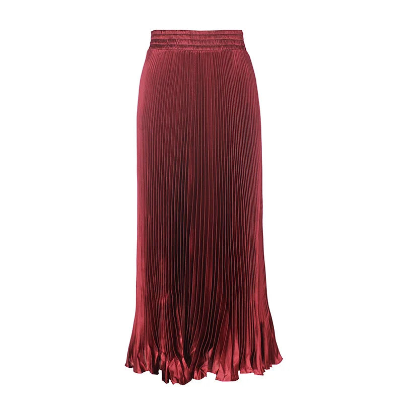 Women's Fashion Pleated Mermaid Long Skirt Korean Style Casual High Waist Satin Flowy Skirts Shiny 19 Colors 2024 Spring SK500