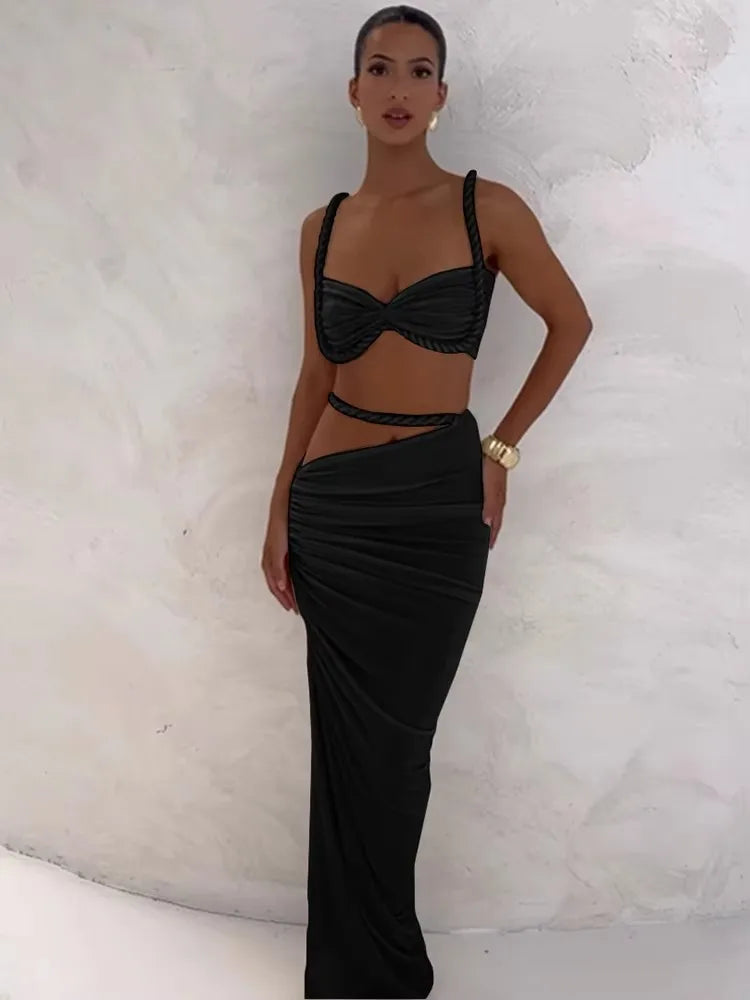 Weird Puss Bandage Ruched 2 Piece Set Women Square Collar Bra+Skinny Long Skirts 2025 Summer Vacation Beach Party Trend Suits