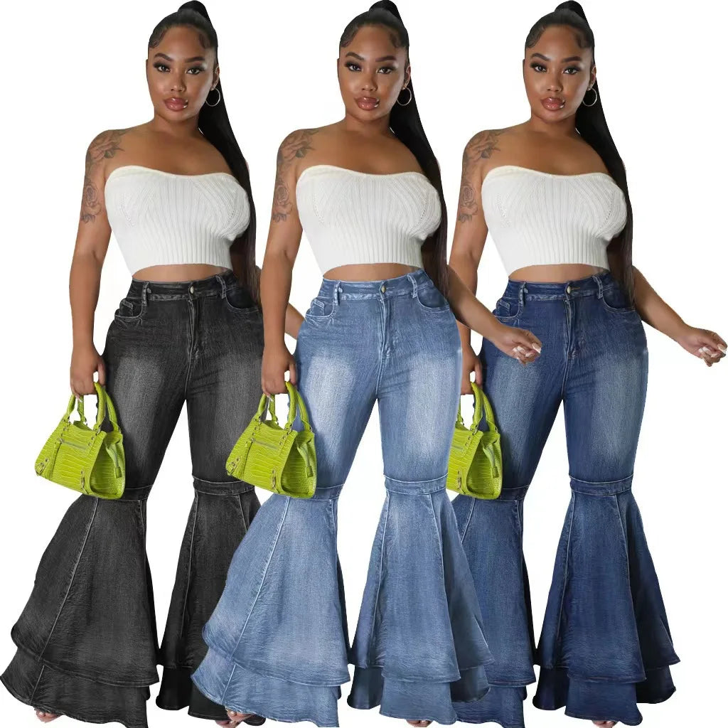 Fashion Versatile Wide Leg Washed Denim Stretch Flared Pants Women