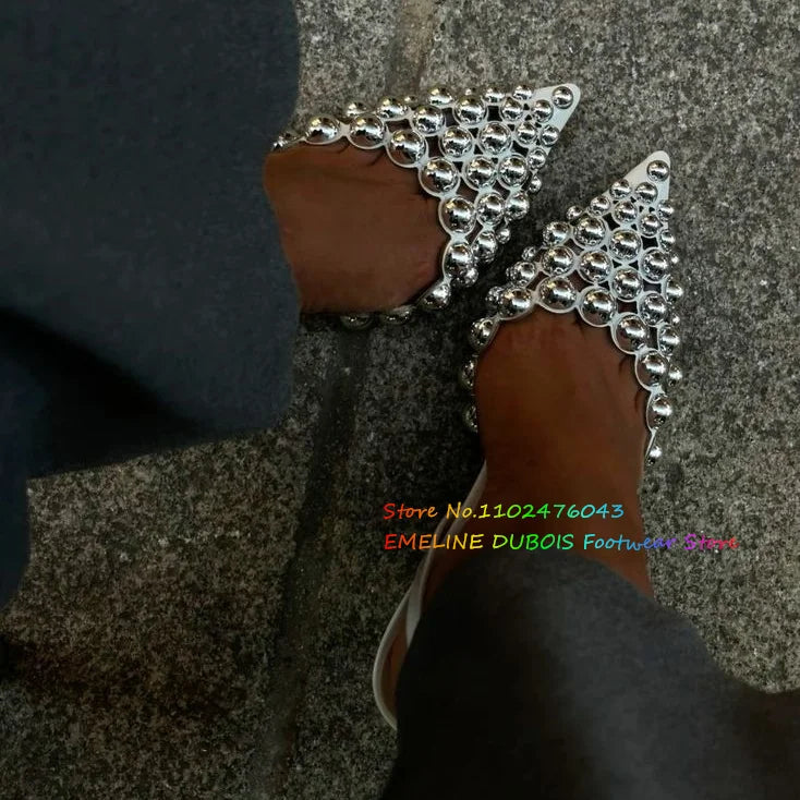 White Hollow Beads Pointed Toe Stiletto Heel Pumps Women Summer New Sexy Slingback Buckle Strap Solid Color High Heel Sandals