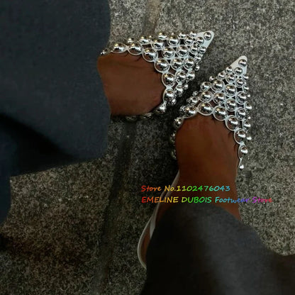 White Hollow Beads Pointed Toe Stiletto Heel Pumps Women Summer New Sexy Slingback Buckle Strap Solid Color High Heel Sandals
