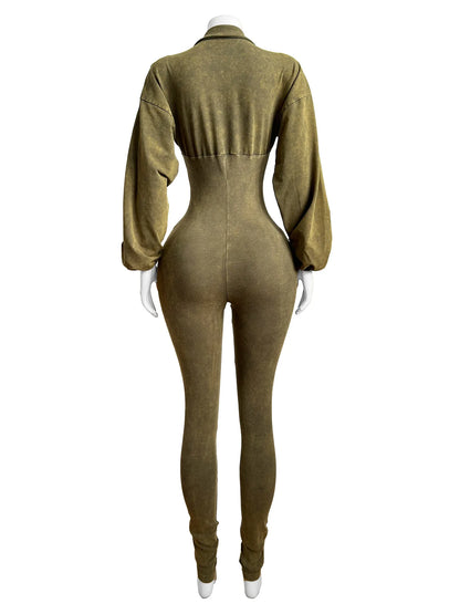 Women's Clothing 2025 Spring Summer New Fashion Bubble Sleeves Sexy Deep V Tight Waist Casual Long Sleeved Jumpsuit Pants