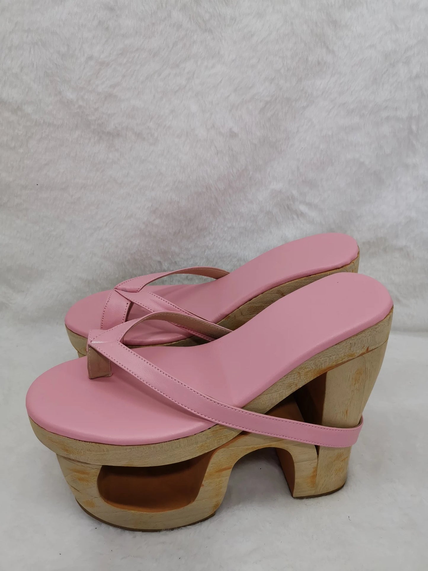 Wooden Heel Flip Flop Slippers Pink Leather Runway 2025 Round Toe New Arrivals Block Heel Dress Sandals Handmade Shoes