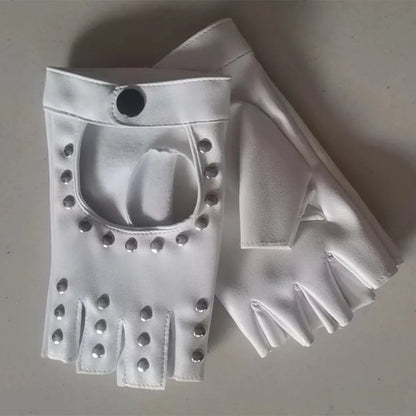Women Punk Fingerless Dance Gloves with Studs Black PU Leather Rivets Cosplay Performance Dance Gloves Sexy Cool Riding Gloves