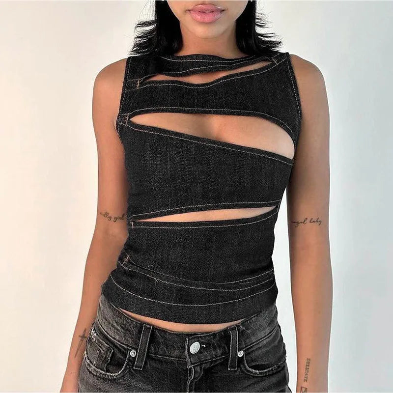 Women's Sleeveless Round Neck Vest Summer Solid Color Hollow Slim Vest Top Fashion Sexy Streetwear Women's Slim Vest Top