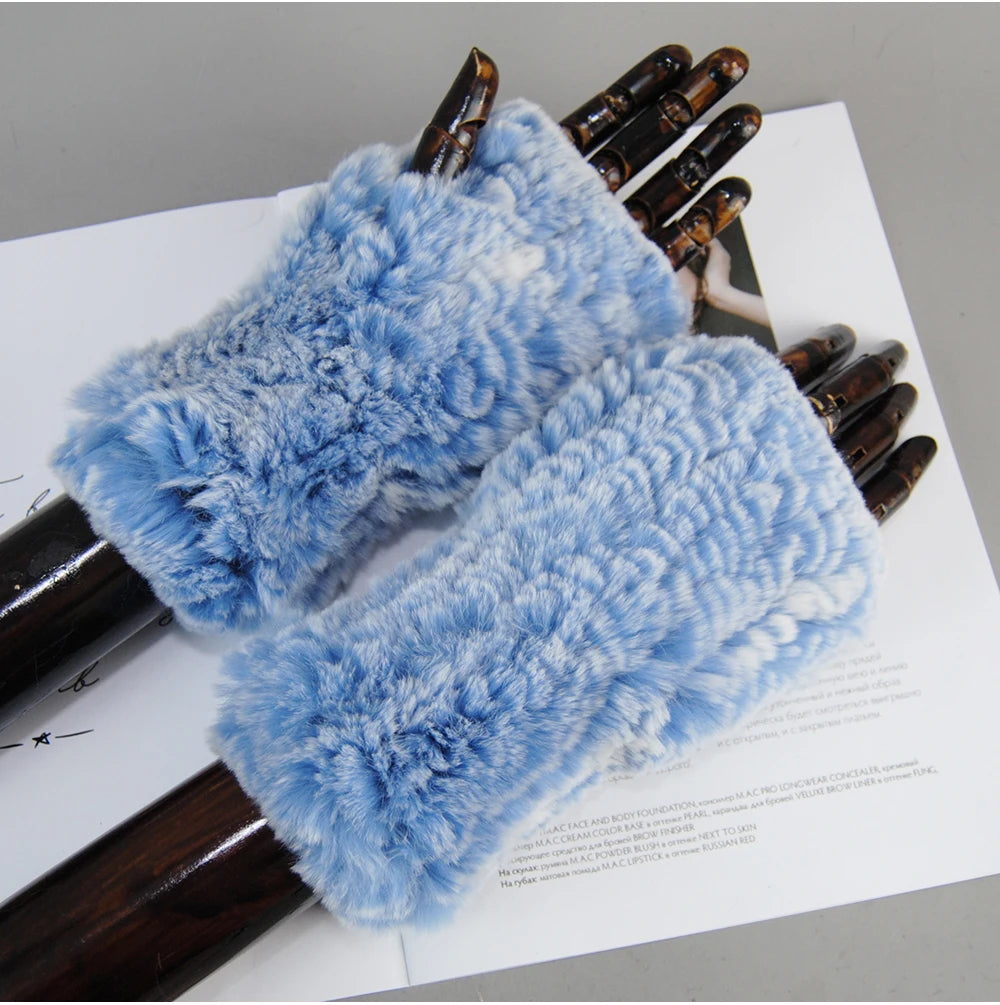 New Arrival Women Knit Fur Mitten Girls 100% Real Genuine Knitted Rex Rabbit Fur Mittens Winter Warm Real Fur Fingerless Gloves