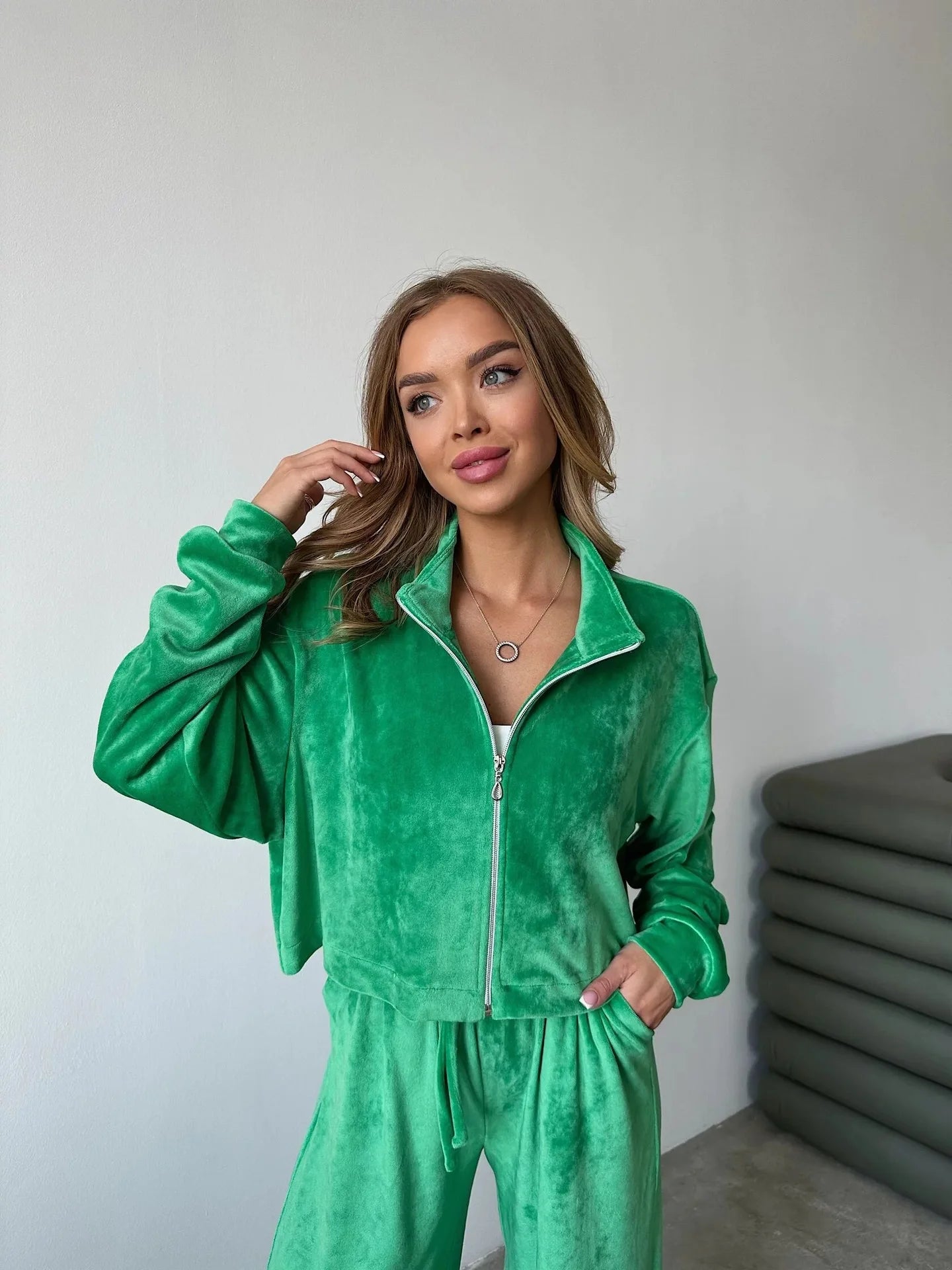 Autumn And Winter Long-sleeved Zipper Lapel Jacket Elastic Waist Wideleg Trousers Velvet Casual Two-Piece Suit For Office Ladies
