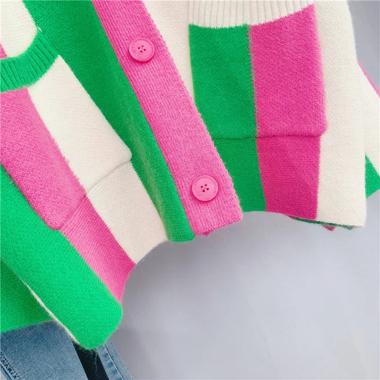 Joskaa Striped Patchwork Knitted Cardigan Women V-Neck Long Sleeve Single Breasted Sweater Coat Autumn 2023 Outwear Streetwear