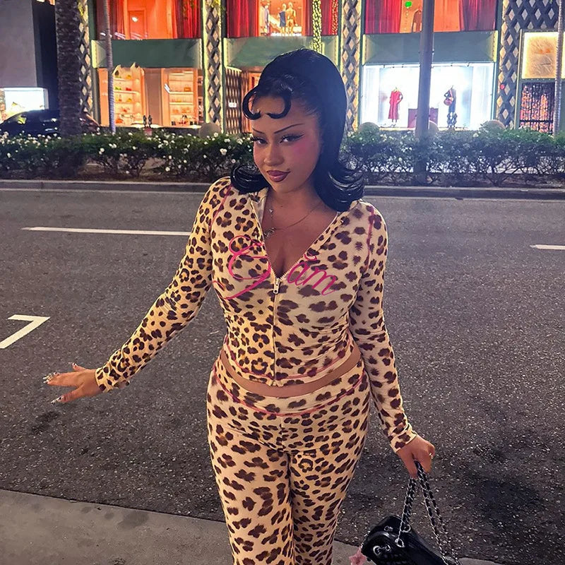 FAGADOER Sexy Leopard Print 2 Piece Sets Women Outfit Long Sleeve Zipper Hooded Crop Jacket + Flare Pants Suits Female Clothing